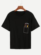 Romwe Black Pencil Embroidered Drop Shoulder T-shirt