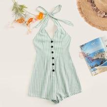 Romwe Knot Halter Single Breasted Striped Romper