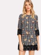 Romwe Flower And Plaid Print Lace Hem Dress
