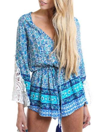 Romwe Deep V Neck Bell Sleeve Lace Crochet Florals Blue Romper