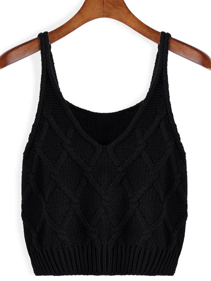 Romwe V Neck Cable Knit Black Sweater Vest