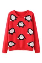 Romwe Penguin Knitted Red Jumper