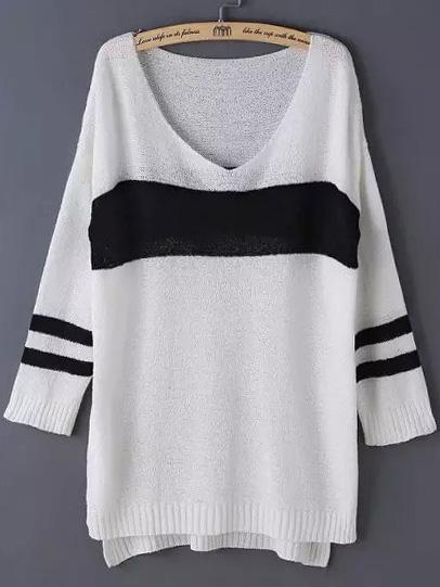 Romwe V Neck Dip Hem Striped White Sweater