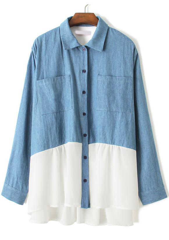 Romwe Lapel With Pockets Color-block Blouse