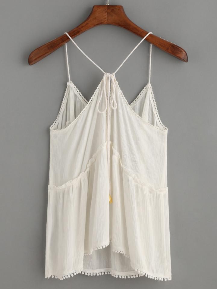 Romwe White Ruffle Pom Pom Cami Top
