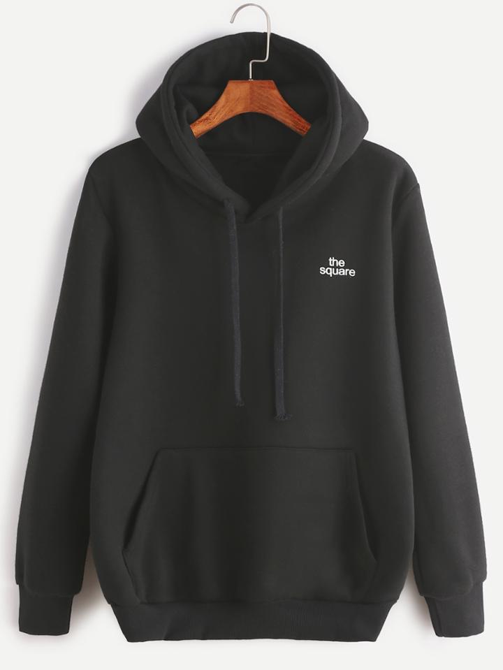 Romwe Black Letter Print Pocket Drawstring Hoodie