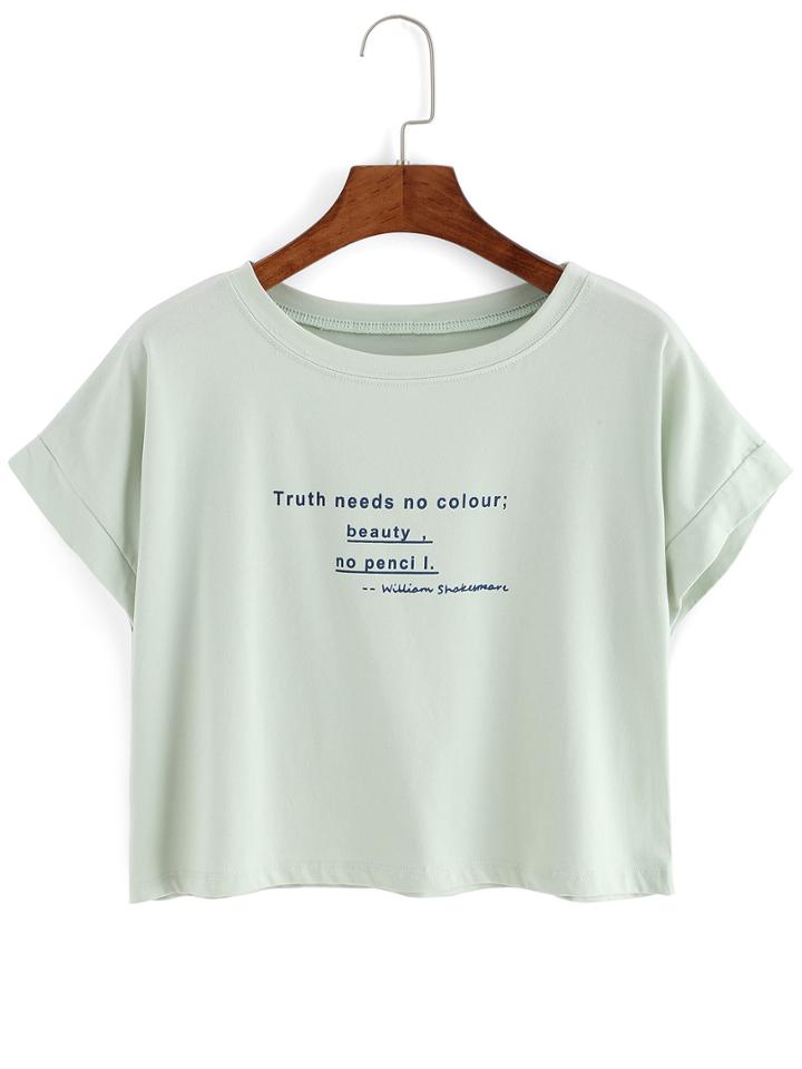 Romwe Letter Print Crop Pale Green T-shirt