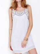 Romwe White Poplin Sleeveless Tribal Embroidered Dress