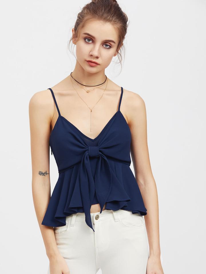 Romwe Zip Side Knot Overlay Peplum Cami Top