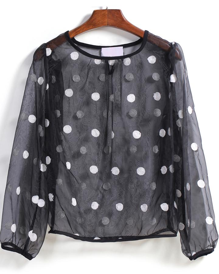 Romwe Round Neck Polka Dot Sheer Mesh Black Blouse