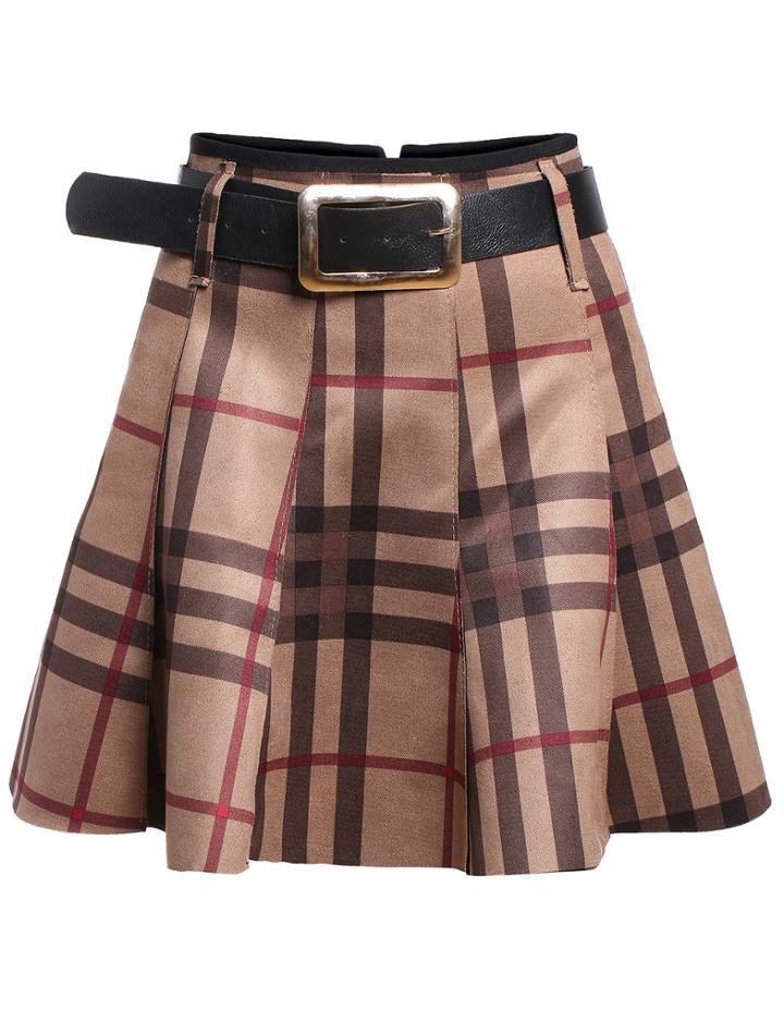 Romwe Check Print Belt Khaki Skirt