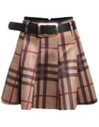 Romwe Check Print Belt Khaki Skirt