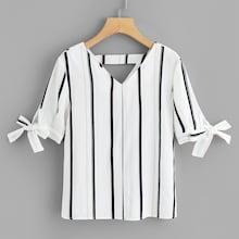 Romwe Plus Striped Tie Detail Blouse
