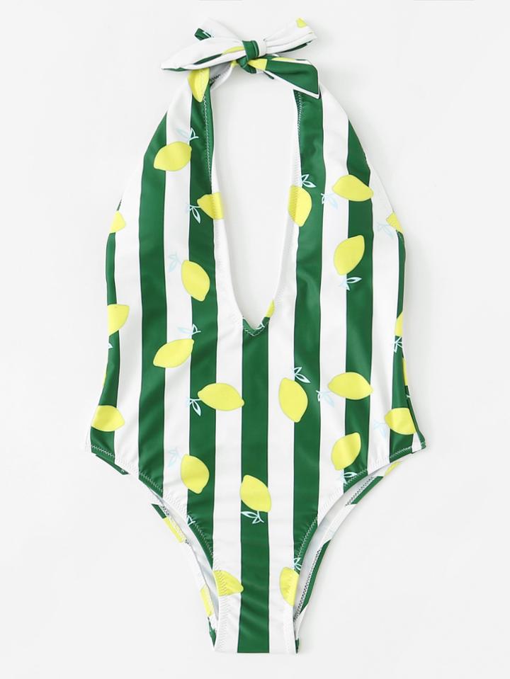 Romwe Fruit & Block Striped Print Plunge Neckline Swimsuit