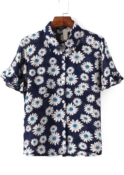 Romwe Lapel Butterfly Sleeve Flower Print Blouse