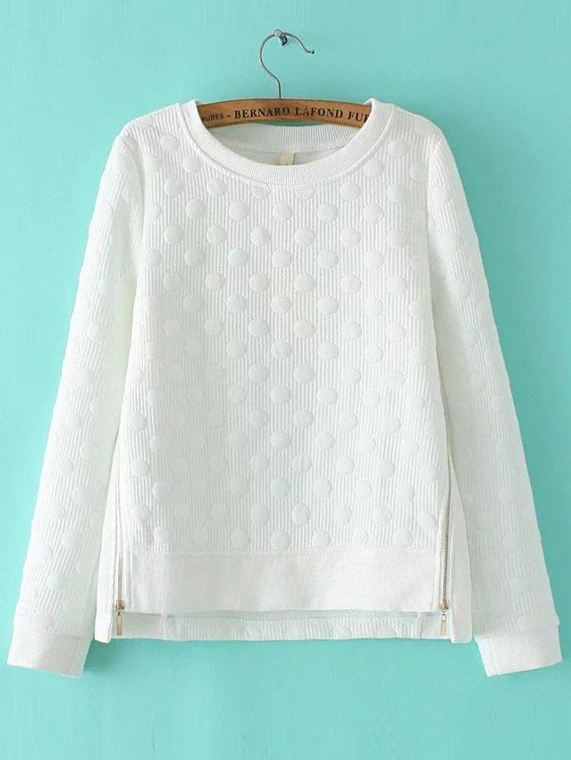 Romwe White Polka Dot Zipper Side High Low Sweatshirt