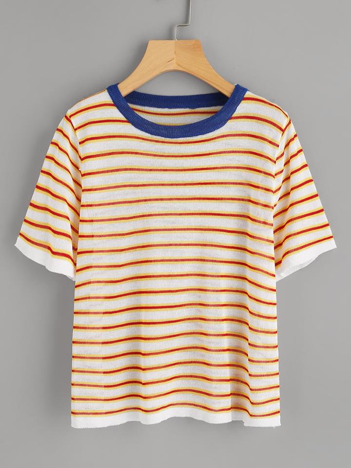 Romwe Striped Contrast Trim Tee