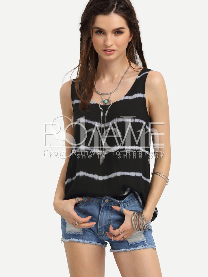 Romwe Black Ikat Print Striped Tank Top