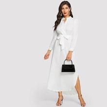 Romwe Tie Waist Curved Hem Midi Shirt Dress