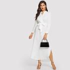 Romwe Tie Waist Curved Hem Midi Shirt Dress