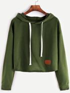 Romwe Army Green Hooded Patch Crop Sweatshirt