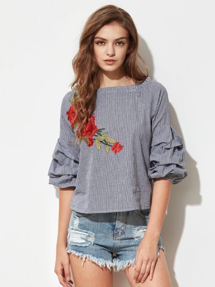 Romwe 3d Rose Patch Gathered Raglan Sleeve Gingham Blouse