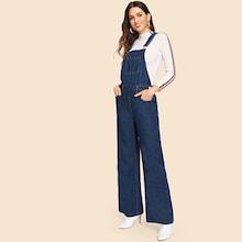 Romwe Pocket Front Wide Leg Denim Jumpsuit