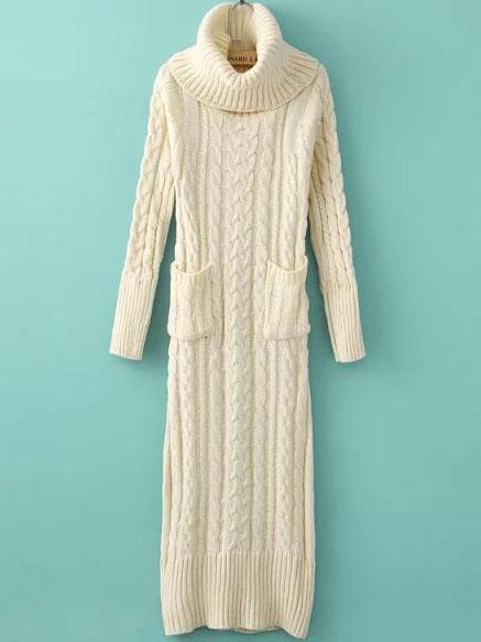 Romwe Turtleneck Long Sleeve Cable Knit Beige Sweater Dress