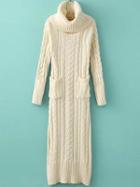 Romwe Turtleneck Long Sleeve Cable Knit Beige Sweater Dress