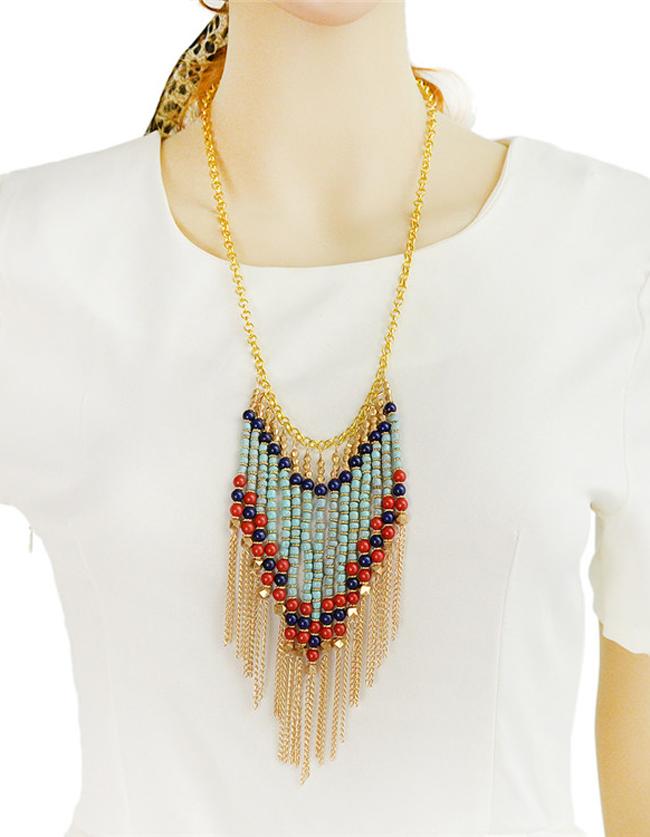 Romwe Tassel Beads Chain Necklace