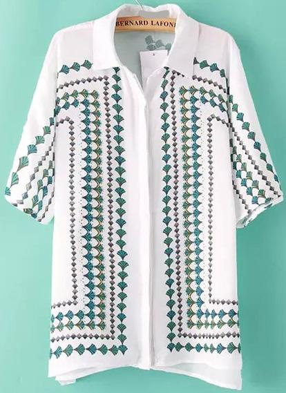 Romwe Lapel Tree Leaf Print Loose Blouse