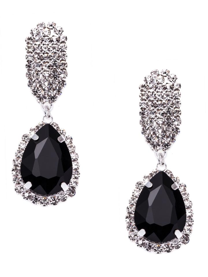 Romwe Silver Tone Black Gem Inlay Rhinestone Earrings