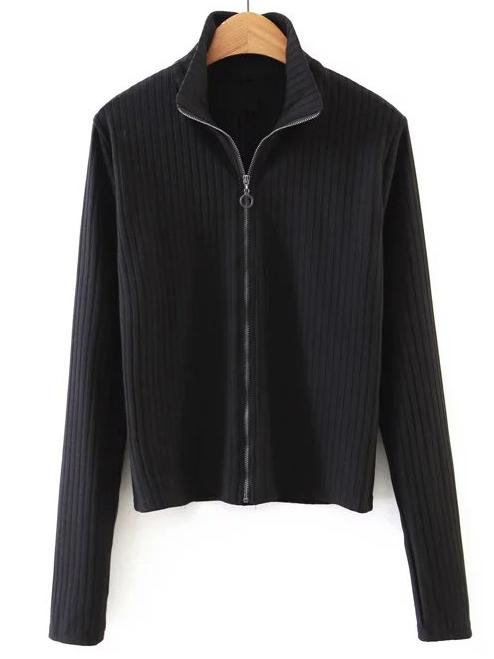 Romwe Black Zip Up Ribbed Knit T-shirt