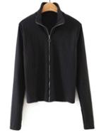 Romwe Black Zip Up Ribbed Knit T-shirt