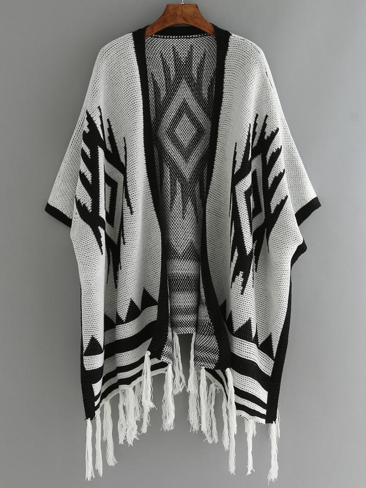 Romwe Geometric Print Fringes Grey Cardigan
