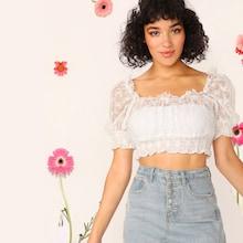 Romwe Frill Trim Embroidery Mesh Shirred Crop Top Without Tube