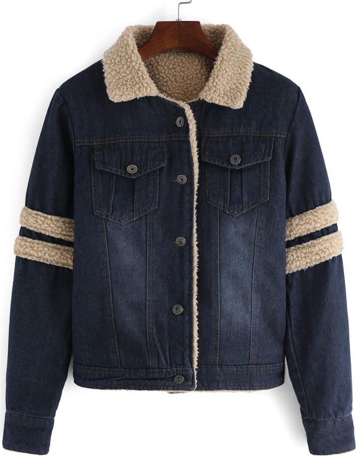Romwe Lapel Pockets Buttons Thicken Denim Coat