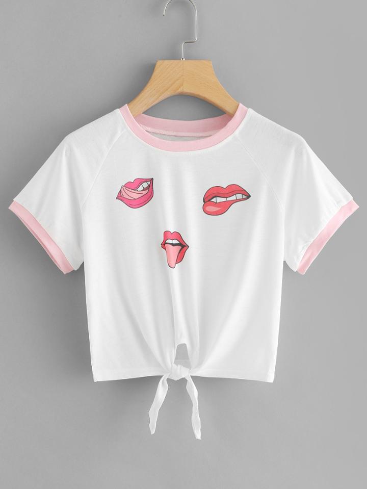 Romwe Lip Print Knot Front Crop Tee
