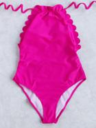 Romwe Hot Pink Scalloped Trim One-piece Swimwear