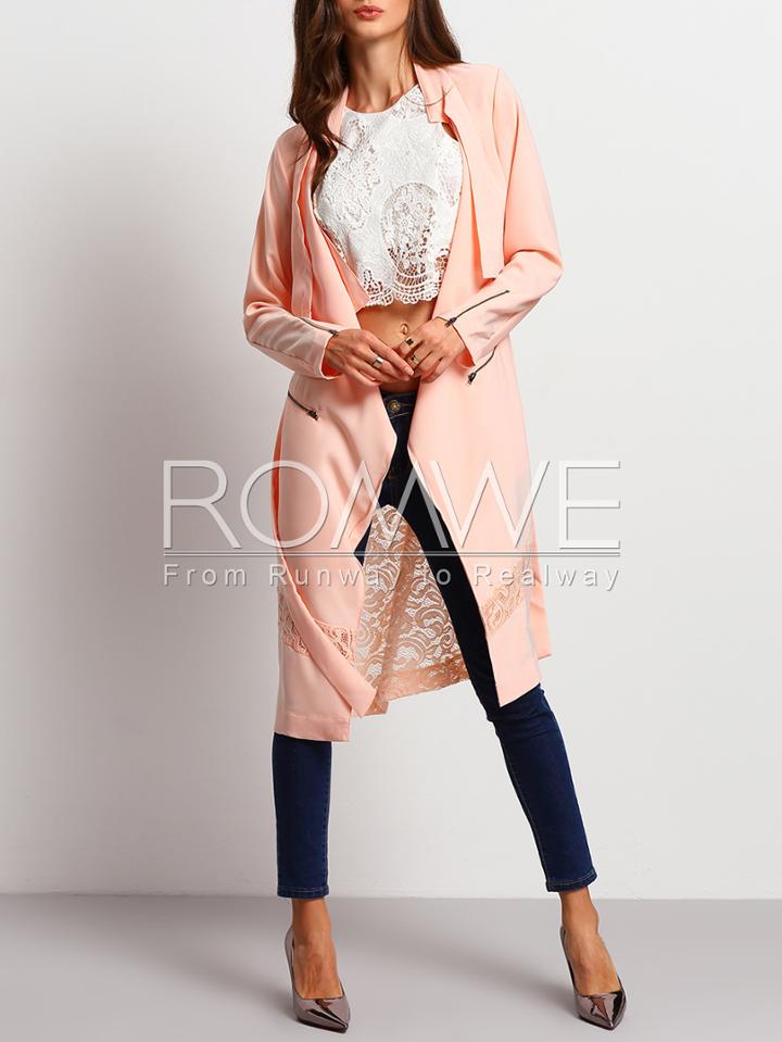 Romwe Pink Long Sleeve With Lace Trench Coat