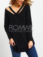 Romwe Black Cut Out Front Side Slit Sweater