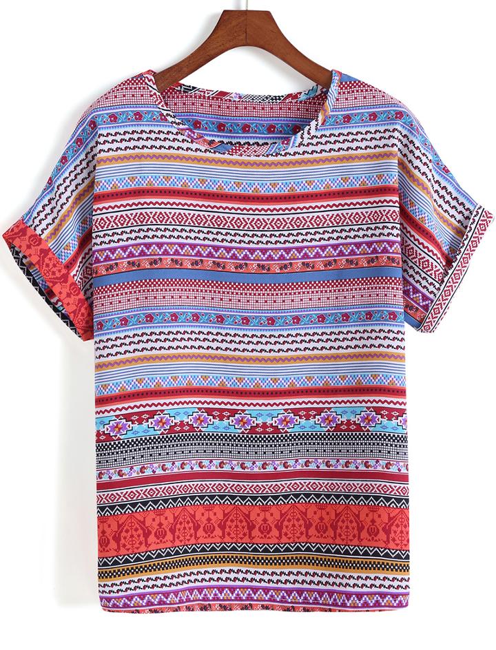 Romwe Tribal Print Red T-shirt