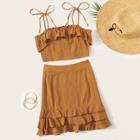 Romwe Self Tie Shoulder Ruffle Top & Skirt Set