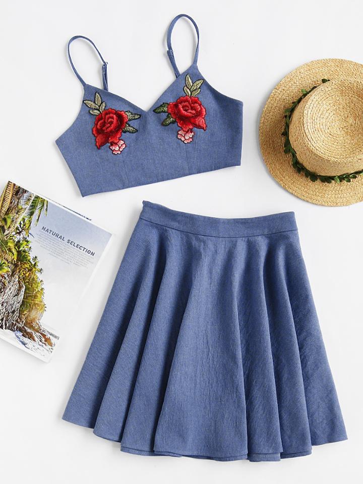 Romwe Rose Patch Chambray Cami And Circle Skirt Set