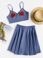 Romwe Rose Patch Chambray Cami And Circle Skirt Set
