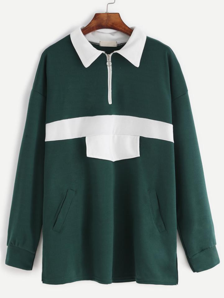 Romwe Green Contrast Drop Shoulder Split Side Zip Detail Sweatshirt