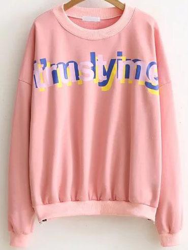 Romwe Pink Letter Print Sweatshirt With Side Zipper