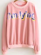 Romwe Pink Letter Print Sweatshirt With Side Zipper