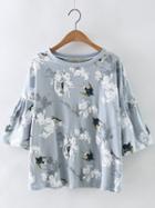 Romwe Grey Bell Sleeve Swallow Printed Blouse