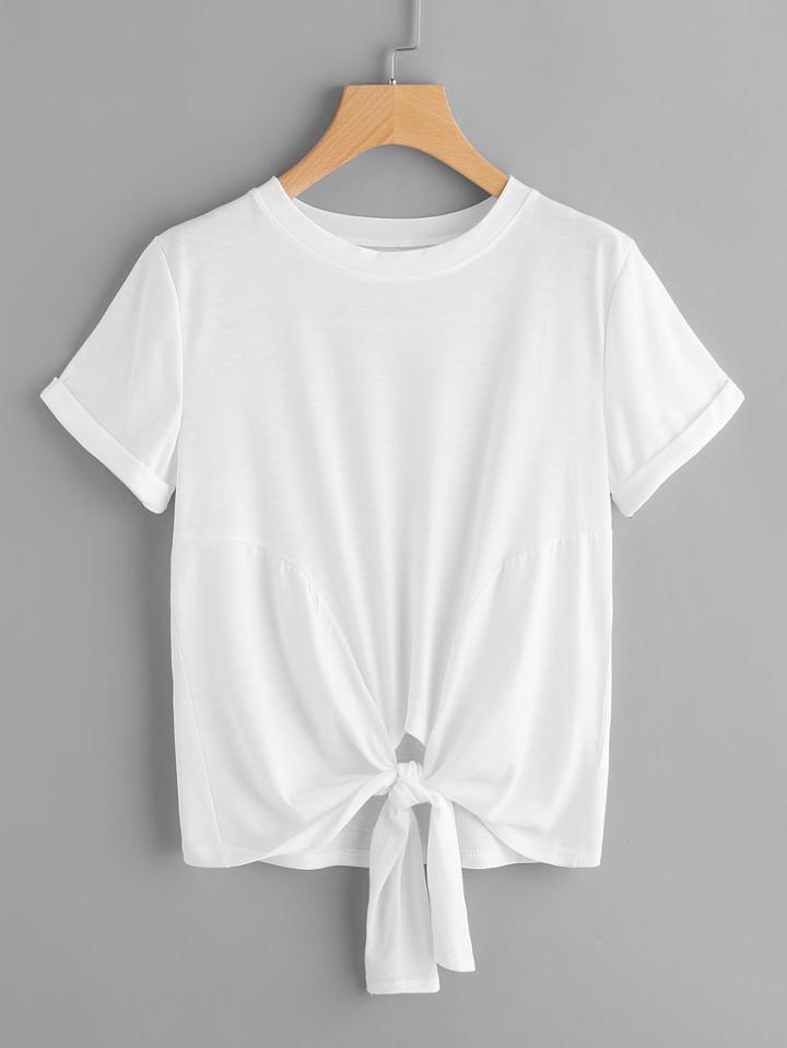 Romwe Knotted Hem Cuffed Tee